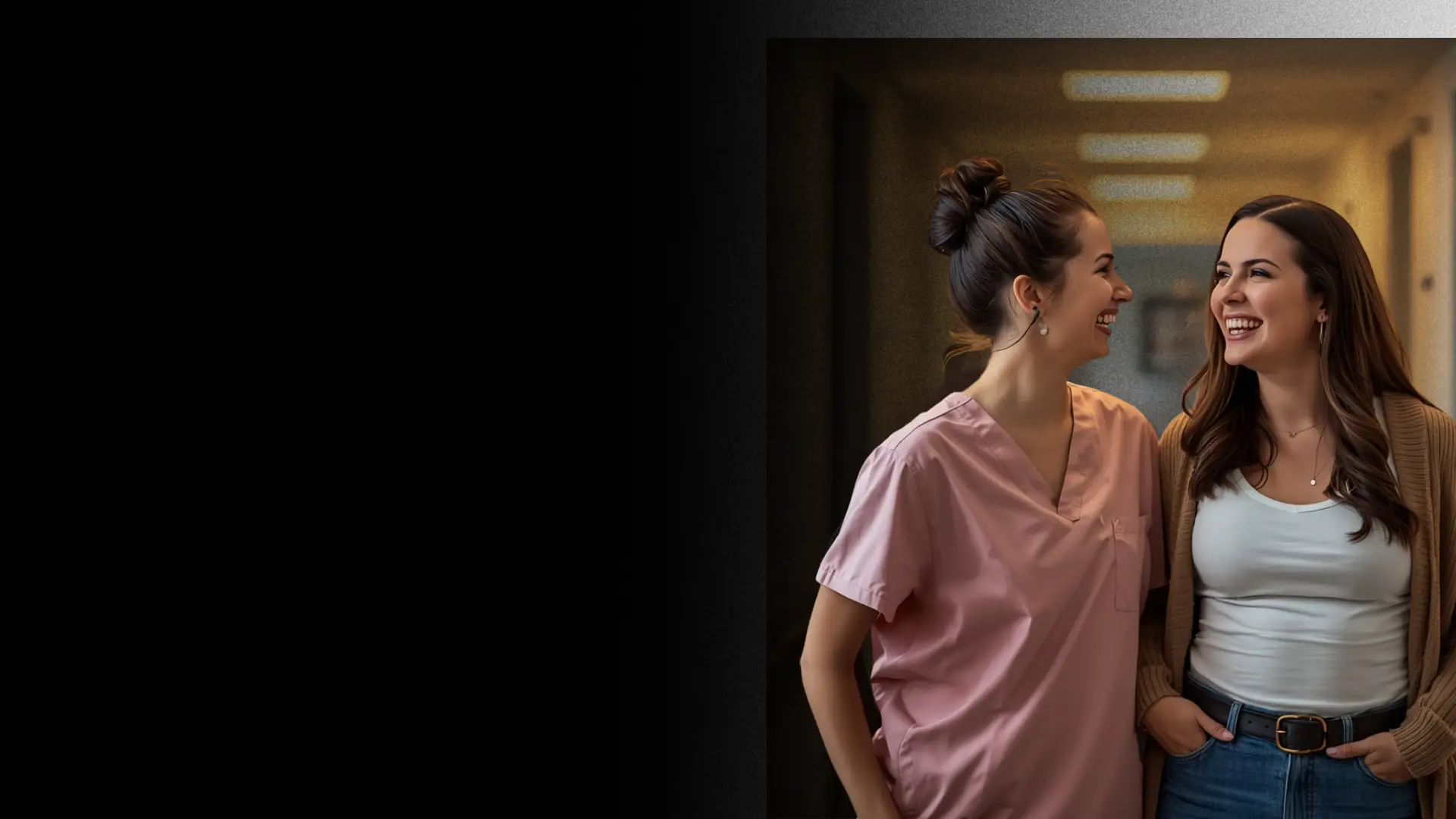 Patient and staff laughing in office hallway